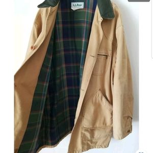 Vintage Mens LL Bean Heavy Canvas Cotton Button Down Coat Canvas Plaid Lining XL